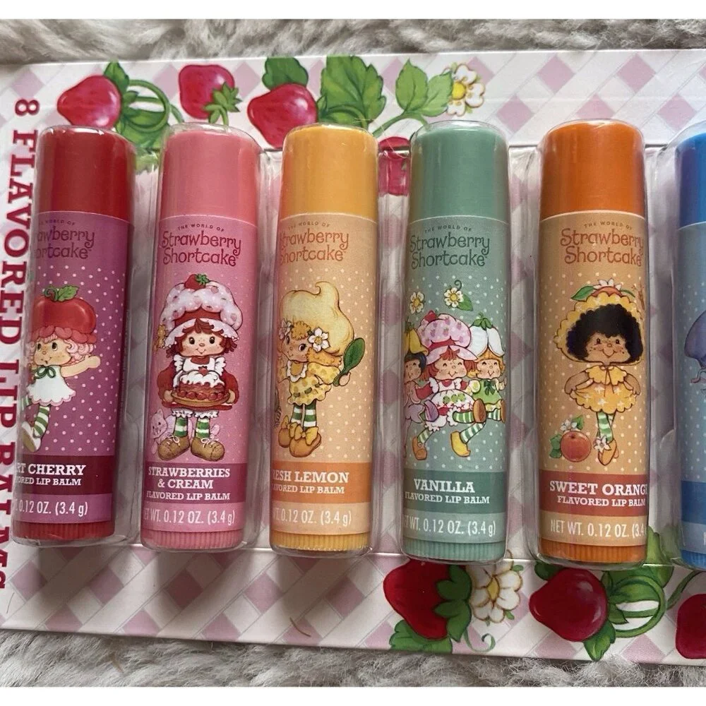 8 Pk  Strawberry Shortcake Flavored Lip Balms Cherry Vanilla Blueberry Lemon NEW